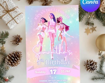 Kpop Dämonenjäger Geburtstagseinladung, Anime-Themaparty, Huntrix einladen, K-Pop lädt ein bearbeitbarer sofortiger digitaler Download