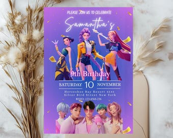 KPOP Demon Hunters Birthday Invitation, Editable K-Pop Anime Birthday Invite for Kids, Party Card, Customizable Huntrix Evite