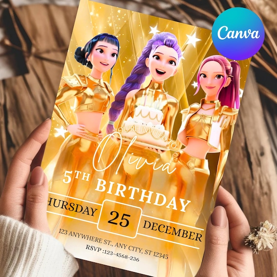 K-pop Demon Hunter Birthday Invitation,Gold Anime Party Invite, Editable Gold K-pop Demon Hunter Canva Template, Digital Download Printable