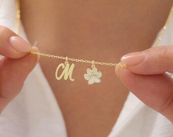 Personalised Letter and Paw Print Charm Necklace, Custom Pet Lover Necklace, Dog Mom Gift, Cat Mom Jewelry, Pet Memorial Necklace