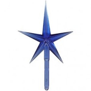 May include: A blue plastic star tree topper with five points. The star has a pointed tip and a long, thin stem.