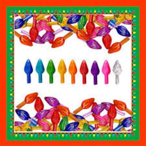 May include: Assortment of colorful Christmas lights with a row of ten lights in the center, including blue, green, orange, yellow, red, purple, pink, and clear.