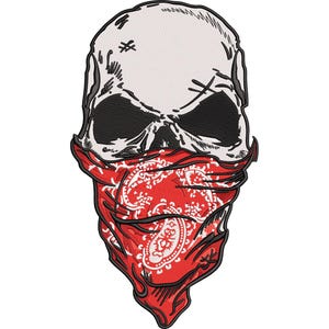 May include: Embroidered skull design with a white skull, black eye sockets, and a red paisley bandana covering the lower face. The design has a bold, graphic style, suitable for apparel or accessories.
