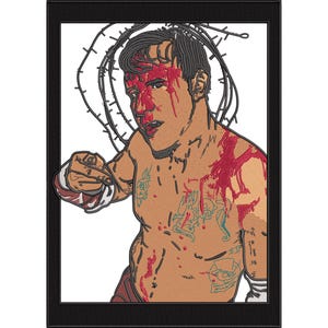 May include: Illustration of a man with blood splatters on his face and torso, framed in black. The man has tattoos and is pointing with a gloved hand. Barbed wire is depicted above his head.