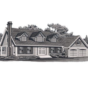 Peut inclure: Illustration en noir et blanc d'une maison. La maison a un toit à pignon, plusieurs fenêtres, une cheminée et un garage pour deux voitures. L'aménagement paysager et les arbres entourent la maison, créant un design architectural détaillé.