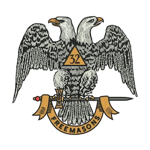 May include: Embroidered emblem of a double-headed eagle with wings spread, a triangle with the number 32, and the text "FREEMASONS" on a banner. The design uses grey, gold, and red against a white backdrop.