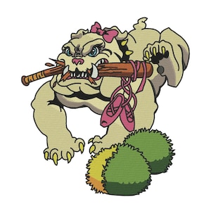 May include: An illustration of a bulldog with a pink bow, holding a baseball bat in its mouth and pink ballet shoes. The bulldog is tan with black accents and has a stern expression. Two green pom-poms are at the bottom.