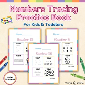 以下が含まれることがあります： 子供と幼児向けのカラフルな「数字なぞり練習帳」。数字をなぞったり、丸をつけたり、色を塗ったりするページがあります。「デジタルダウンロード」の文字とロゴが含まれています。