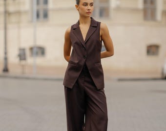 2-piece Long Vest Suit Italian Fabric Pantsuit. Brown Palazzo Pants. Chocolate Brown Business Pantsuit. Wide-leg palazzo set.