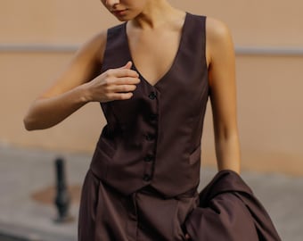 2-piece Vest Suit Italian Fabric Pantsuit. Brown Palazzo Pants. Chocolate Brown Business Pantsuit. Wide-leg palazzo set. Office casual suit