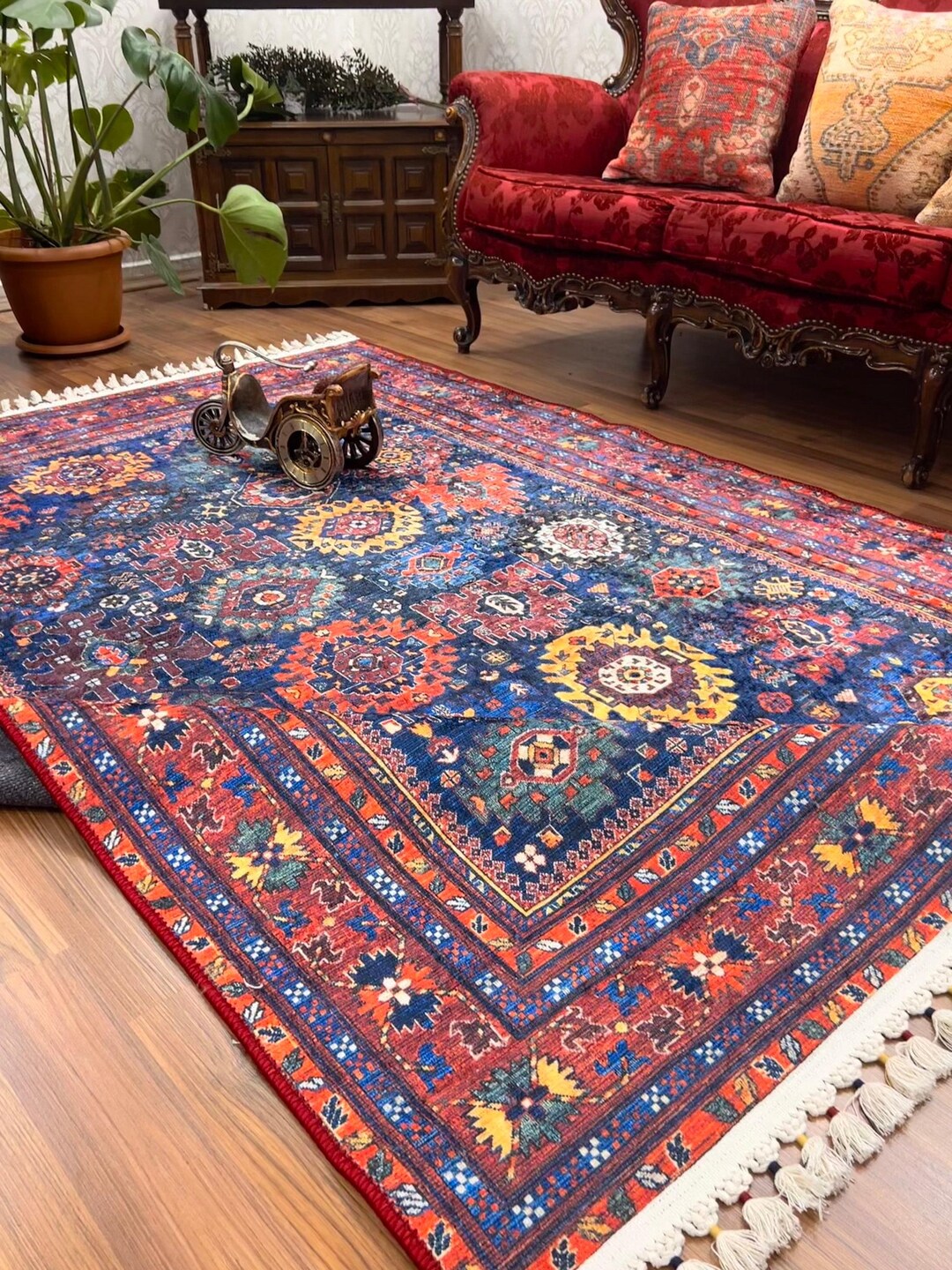 Vintage Oriental Style Rug, Washable,persian Area Rug, Blue Rug,rustic ...
