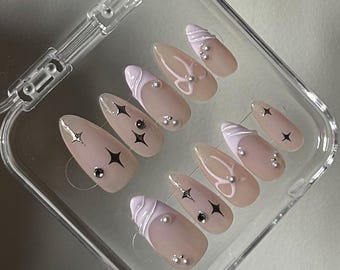Uñas postizas hechas a mano - Colección nude con perlas y lazos - Uñas reutilizables - Talla S - Kit de 10 piezas