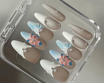 Uñas postizas hechas a mano - Colección Garden Vibe - Uñas reutilizables - Talla S - Kit de 10 piezas