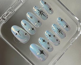 Uñas postizas hechas a mano - Colección Azul Perlado - Uñas reutilizables - Talla S - Kit de 10 piezas