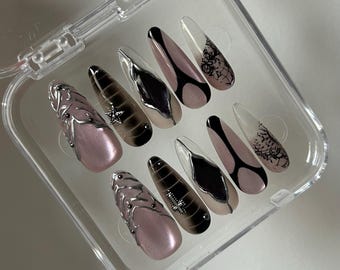 Uñas postizas hechas a mano - Colección Dark Galaxy - Uñas reutilizables - Talla S - Kit de 10 piezas