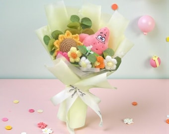 Patrick Star Plush Bouquet – Handmade Spongebob Gift with Crochet Flowers