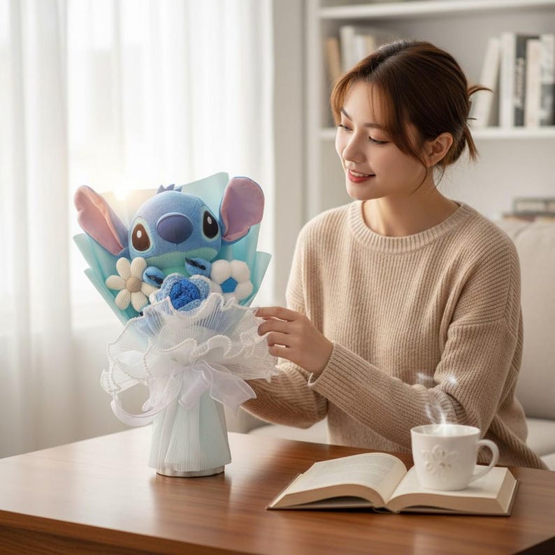 Puede incluir: Un ramo con un personaje alien&iacute;gena azul de peluche con grandes orejas, rodeado de flores de tela y envuelto en papel azul claro y blanco. El ramo se presenta en un jarr&oacute;n azul claro.