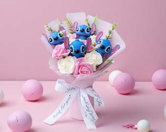 Bouquet de fleurs en peluche Disney Stitch - Cadeau Kawaii, fait main 35 cm