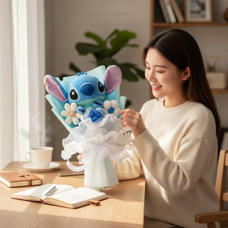 Puede incluir: Un ramo decorativo con un personaje de peluche Stitch azul, con grandes orejas, rodeado de elementos decorativos blancos y azules. El ramo est&aacute; envuelto en papel azul claro y tela blanca, creando un regalo caprichoso.