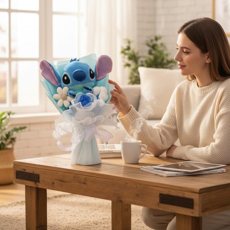 Puede incluir: Un ramo de peluche del personaje Stitch azul con detalles blancos y azules. El ramo est&aacute; envuelto en papel azul claro y cinta blanca. El ramo est&aacute; sobre una mesa de madera.
