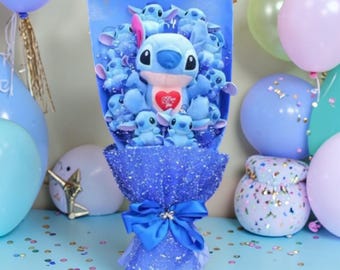 Handgefertigtes Stitch Plüsch-Blumenstrauß - Großes blaues Cartoon-Geschenk, 50 cm, Geburtstags-besondere Anlässe