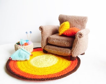 PATTERN : Armchair  with 2 cushion , rug and knitting basket