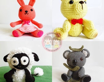 AMIGURUMI PATTERN : SET of Koala, Vanilla Teddy, Sugar Bunny and Woolie the lamb