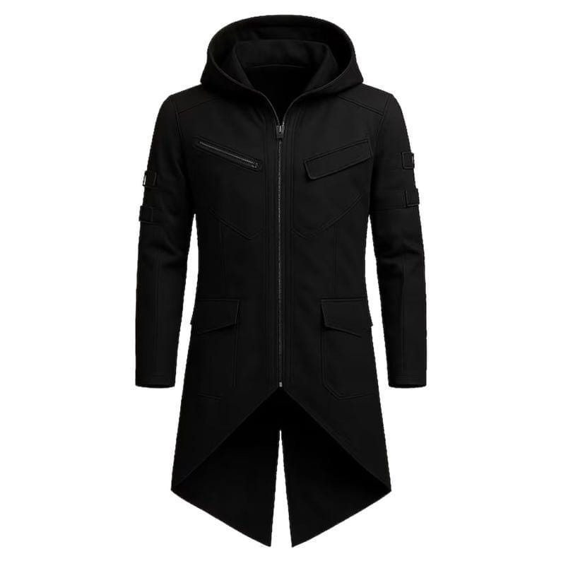 Men's Black Longline Techwear Hooded Coat | Asymmetrical