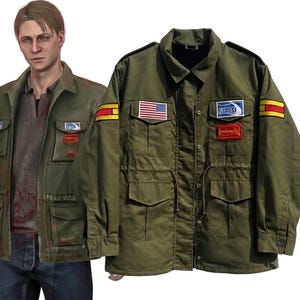 Militärfeldjacke im Stil von James Sunderland aus Resident Evil | Grüner Utility-Mantel aus Silent Hill 2 | Cosplay-Jacke für Survival-Horror-Spiele