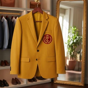 May include: Mustard yellow blazer with a two-button closure and a red and gold crest patch on the chest. The blazer is hanging on a wooden hanger in a well-lit closet. The background includes a full-length mirror and a potted plant.