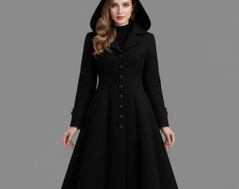 Abrigo gótico de lana con capucha hecho a mano / Abrigo steampunk / Gabardina larga de invierno vintage / Chaqueta elegante de estilo victoriano