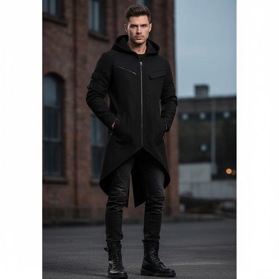【 Urban unique 】 high-neck strap coat Men's Black Longline Techwear Hooded Coat | Asymmetrical
