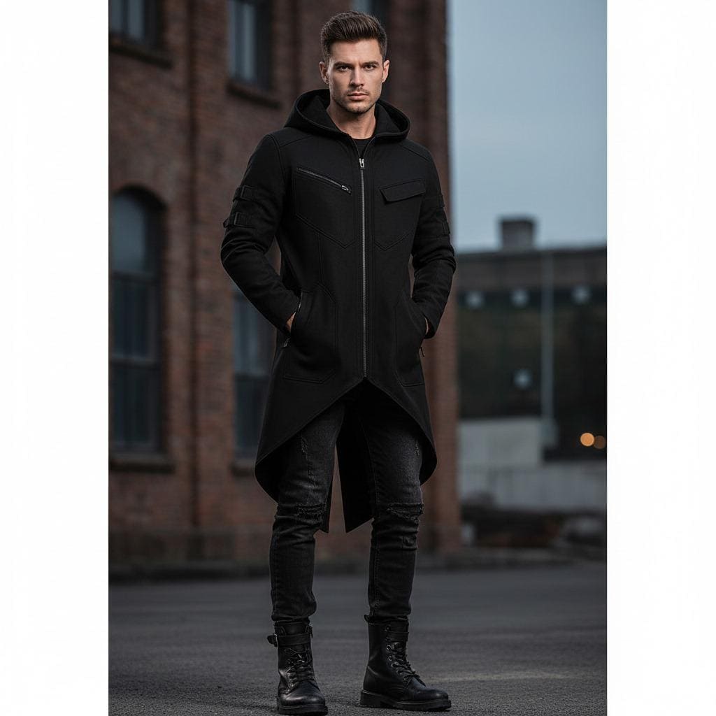 Men's Black Longline Techwear Hooded Coat | Asymmetrical