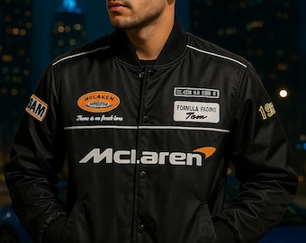 Vintage McLaren Racing Bomber Jacket – Retro F1 Team Style, Black Motorsport Windbreaker, Men’s Formula Racing Streetwear