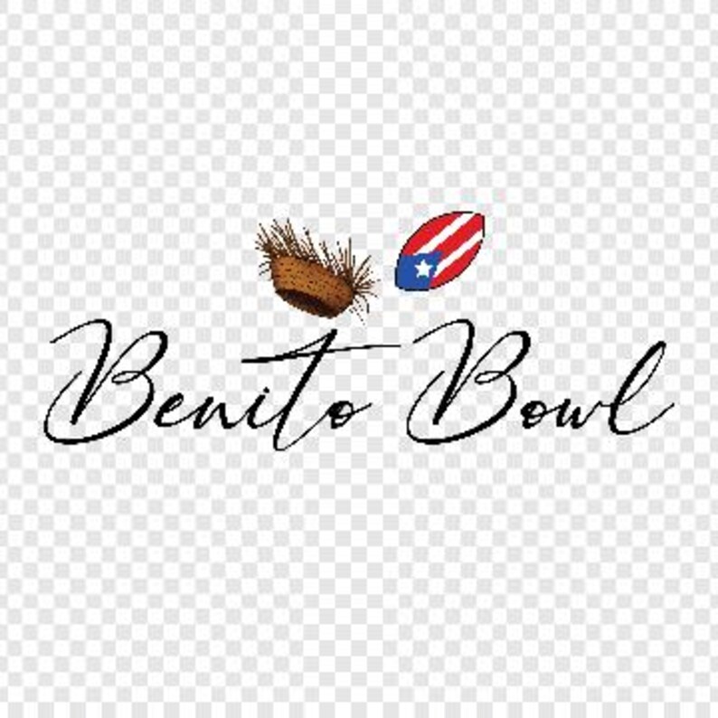 Op de afbeelding: Het "Benito Bowl"-logo toont sierlijke cursieve tekst. Boven de tekst staan twee illustraties: een bruin, stekelig object en een gestileerde ovaal met het ontwerp van de Puerto Ricaanse vlag. De achtergrond is transparant.
