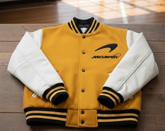 Mclaren Racing Varsity Jacket | Mustard & White Wool Letterman Coat | Retro Motorsport Style Bomber Jacket