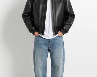 Art Of Handy Men’s Black Sheepskin Leather Jacket – Oversized Baggy Fit, Black Bomber Style Vintage Jacket Streetwear Zip-Up Outerwear
