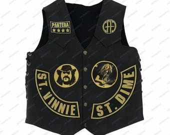 Colete de couro artesanal Zakk Wylde Pantera | Colete de motociclista Black Label Society | Colete de astro do rock pesado para motociclistas