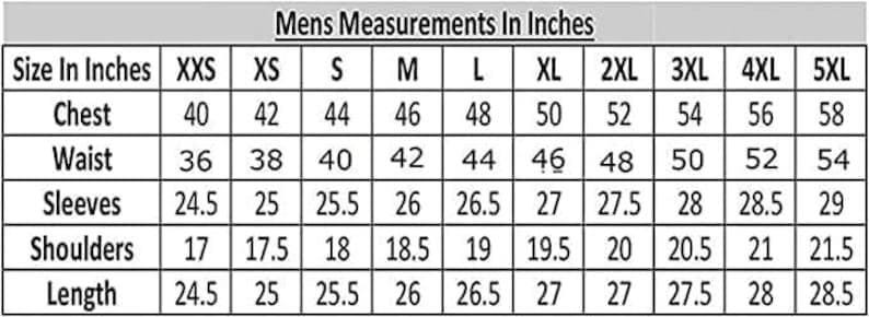 May include: A chart displaying men's measurements in inches for various sizes, from XXS to 5XL. Measurements include chest, waist, sleeves, shoulders, and length, with corresponding inch values for each size. The text "Mens Measurements In Inches" is at the top.