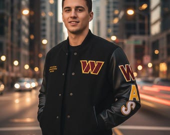 Washington Commanders Inspired Varsity Jacket | Wool & Leather Letterman Coat | NFL Outwear