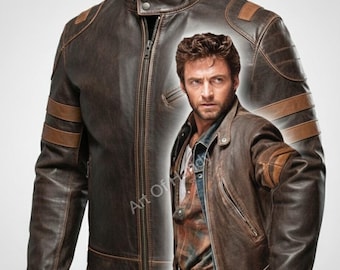 X-Men Wolverine Striped Leather Jacket | Brown Distressed Motorcycle Coat | Logan Inspired Cosplay Jacket for Fans | Handmade Real Leather
