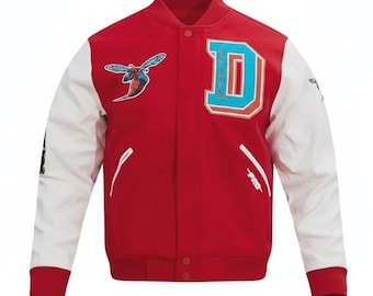 Delaware State University Red Varsity Letterman Jacket – Classic College-Style Bomber with White Sleeves & Chenille Letter Patch