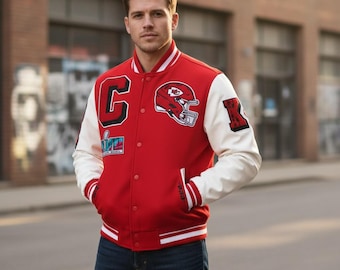 Chaqueta universitaria de los Kansas City Chiefs para el Super Bowl / Chaqueta de lana y cuero con letras / Abrigo universitario rojo y blanco inspirado en Kansas City Chiefs