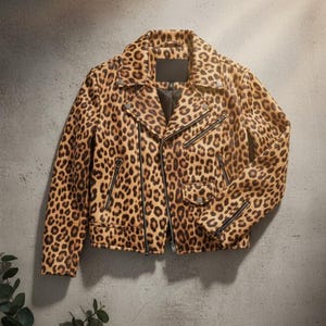 May include: A leopard print jacket with a classic biker style. The jacket features a notched collar, asymmetrical zip closure, multiple zip pockets, and a black lining. The animal print is a mix of brown and black spots on a tan background.