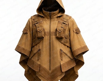 Desert Tan Hooded Tactical Poncho Jacket | Military Utility Cloak | Techwear Streetwear Cape | Multi Pocket Combat Outerwear | Unisex