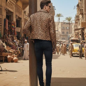 May include: A person wearing a leopard print jacket and dark jeans stands on a sandy street. The jacket features a brown and black spotted pattern. The person is wearing black boots and sunglasses. The background shows a bustling marketplace.