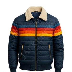 Casaco puffer estilo retrô dos anos 70 – Jaqueta de inverno unissex com listras coloridas e gola de lã.