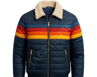 70s Retro Style Puffer Coat – Unisex Winter Jacket with Colorful Stripes & Fleece Collar