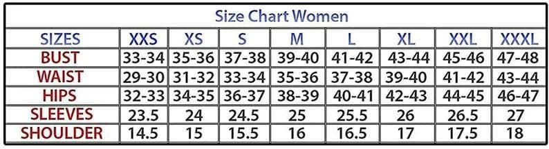 May include: A size chart for women, with measurements in inches. The chart includes bust, waist, hips, sleeves, and shoulder measurements for sizes XXS to XXXL. The text "Size Chart Women" is at the top.