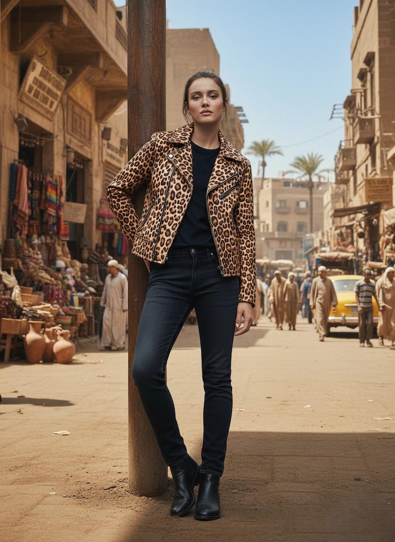 May include: A woman wearing a leopard print jacket, black t-shirt, and dark wash jeans. The jacket has a classic biker style with a notched collar and zipper details. She is standing on a dusty street with a bustling marketplace in the background.